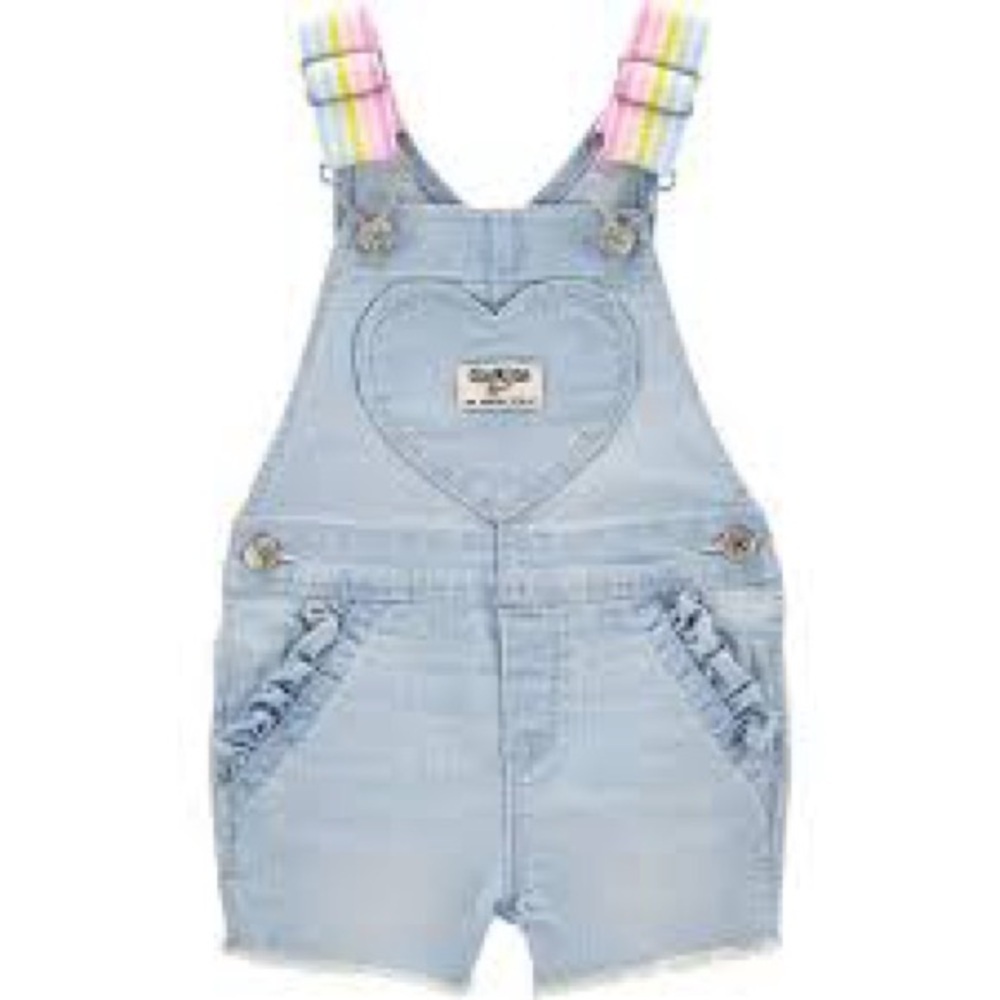OshKosh B’gosh Denim Shortalls Heart Pocket Pastel Rainbow Straps 18M